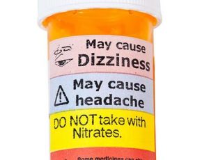 Premises liability prescription pill bottle with warning signs.